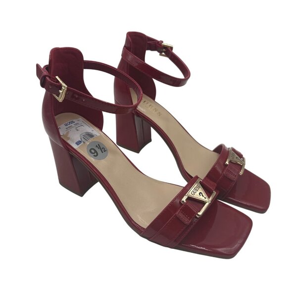Guess Size 9.5 Womens Deep Red Patent Leather Block Square Toe Heel Sandals - Picture 7 of 10